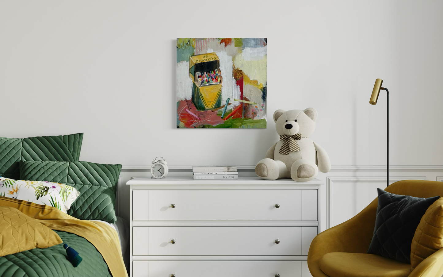 Children's room with a dresser, teddy bear, and colorful painting on a white wall.